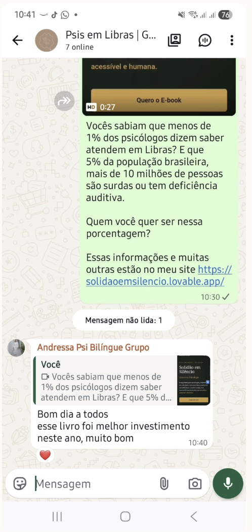 Print de depoimento de Andressa sobre o livro Solidão em Silêncio
