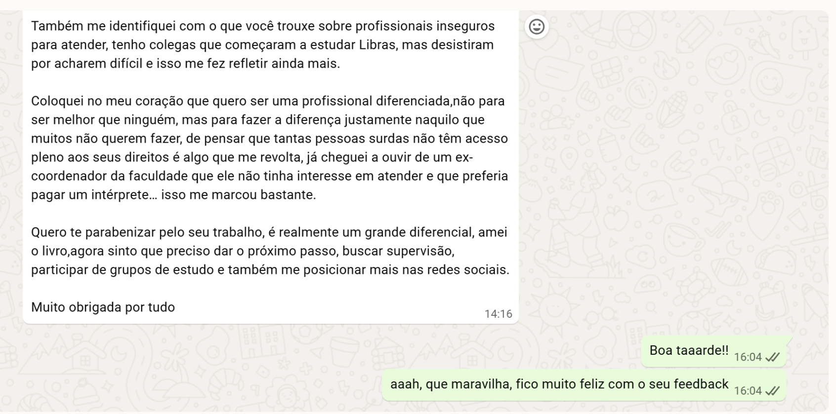 Print de depoimento de leitora sobre profissionais de Libras e o livro Solidão em Silêncio