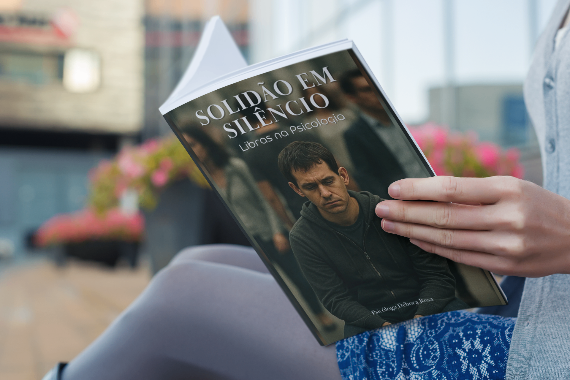Leitora segurando o livro físico Solidão em Silêncio ao ar livre